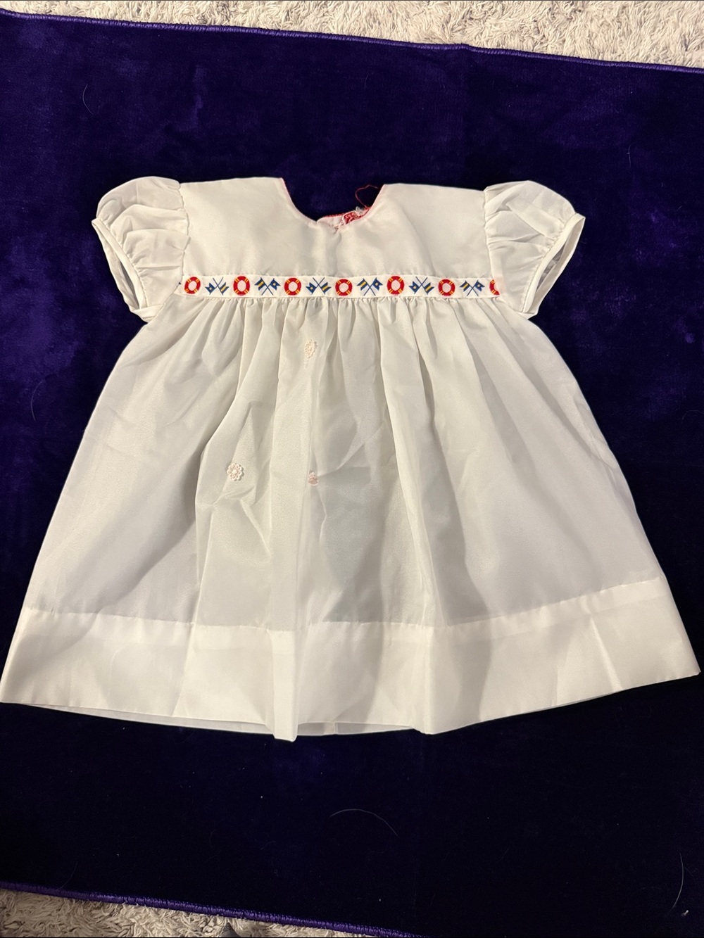 9/12m vintage White Baby Dress with Red & Blue Embroidery baby dress